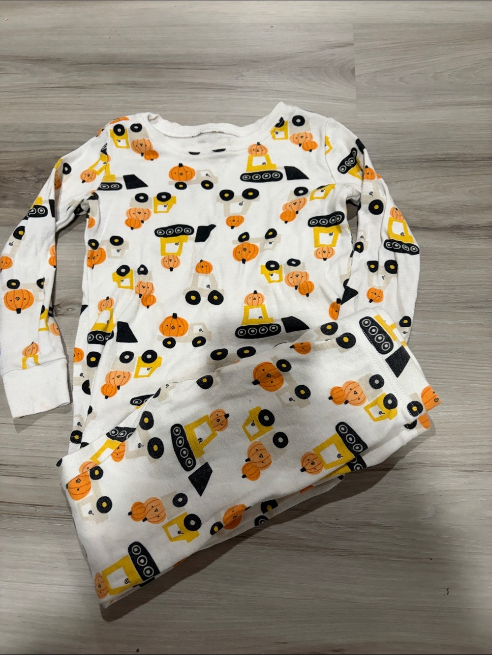 Old Navy White Pajama Set with Orange Pumpkin & Yellow Bulldozer Print